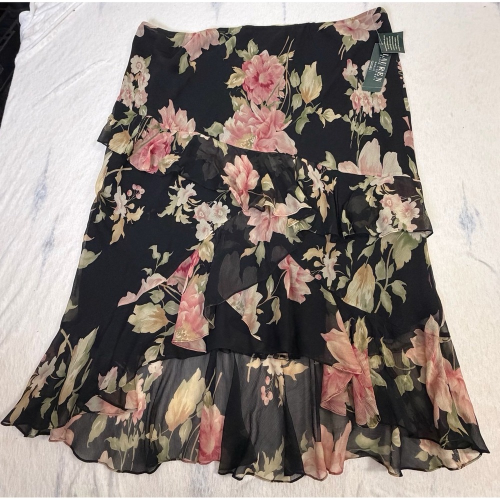 Lauren Ralph Lauren Black Floral Asymmetrical Ruffle Skirt